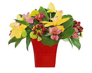 Image showing Colorful flower bouquet from orchids and lilies arrangement cent