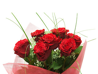 Image showing Flower bouquet from red roses isolated on white background.