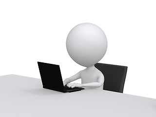 Image showing 3d character Working on computer. On white background 