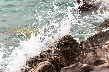 Image showing Shore of an ocean with big rocks