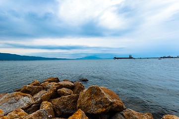 Image showing Shore of an ocean with big rocks