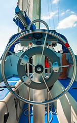 Image showing Steering wheel on a luxury yacht