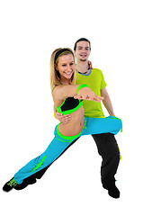 Image showing Acrobatic dancing with two young trainers