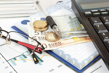 Image showing calculator, charts, pen, glass, money, notes, workplace businessman, business 