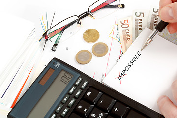 Image showing changing impossible word to possible, calculator, charts, pen in hand, money, workplace businessman