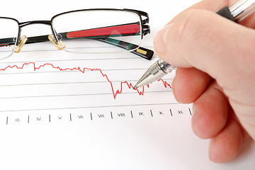 Image showing men analyzing business graph with glasses in the background