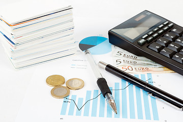 Image showing calculator, charts, pen, business cards, money, workplace businessman, business 