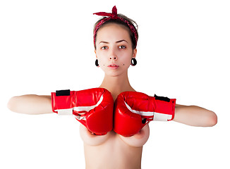 Image showing beautiful nude girl with boxing gloves