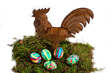 Image showing Easter Decoration: Painted Eggs and Rooster on Moss