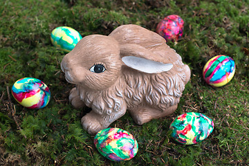 Image showing Easter Decoration: Painted Eggs and Rabbit on Moss