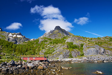 Image showing Norwegian hut in fjord