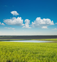 Image showing green field and pond