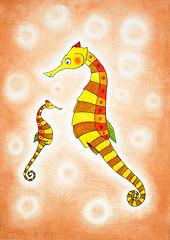 Image showing Seahorses, child's drawing, watercolor painting on paper