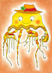 Image showing Jellyfish family, child's drawing, watercolor painting on paper