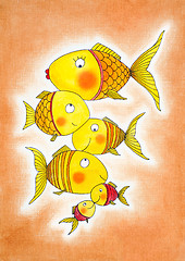 Image showing Group of gold fish, child's drawing, watercolor painting on paper