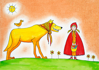 Image showing Little red riding hood, child's drawing, watercolor painting on paper