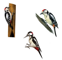 Image showing Great Spotted Woodpecker on a tree. Middle Spotted Woodpecker. Isolated on white background.