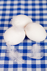 Image showing three eggs and feathers