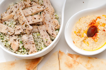 Image showing chicken taboulii couscous with hummus