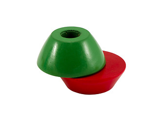 Image showing green red color wooden toy bricks hole center 