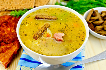 Image showing Soup pea with croutons and bacon