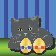 Image showing cat and two easter eggs