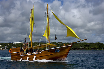 Image showing tropical  pirate boat  and coastline 
