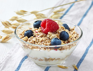 Image showing bowl of muesli and yogurt with fresh berries