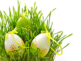 Image showing Easter eggs in a green grass