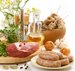 Image showing various raw meat and sausages