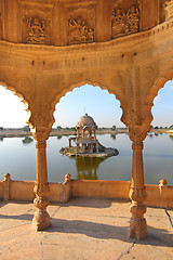 Image showing old jain cenotaphs on lake in jaisalmer india