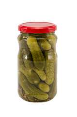 Image showing natural food resource cucumbers canned glass pots 