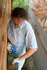 Image showing Pretty woman painting her house