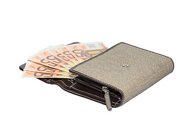 Image showing Isolated fabric women's purse wallet with 50 euro banknotes