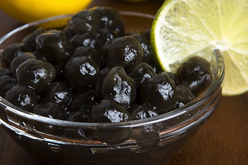 Image showing tapioca pearls with lime. white bubble tea ingredients