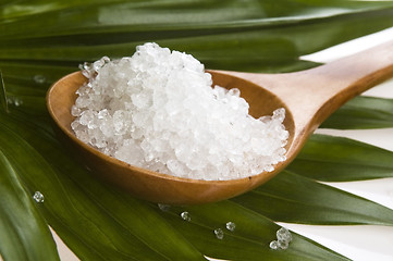 Image showing bath salt and palm leaf 