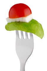 Image showing Caprese salad on the fork