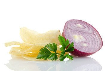 Image showing Potato chips and onion