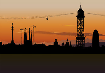 Image showing Barcelona skyline silhouette with sunset sky