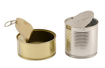 Image showing pair open used metallic cans isolated white 
