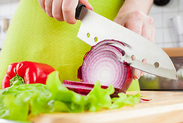 Image showing Woman's hands cutting bulb onion