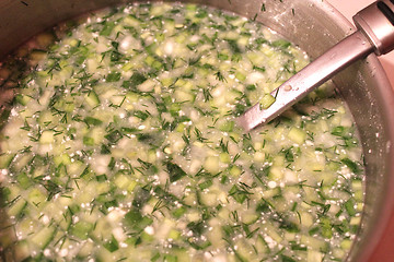 Image showing dish of fresh okroshka with spoon