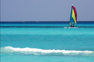 Image showing catamaran  boat  and coastline in mexico playa del carmen