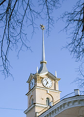 Image showing Clock tower spire crowned with the Soviet star