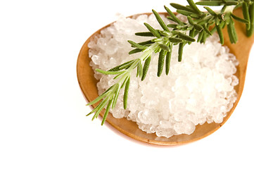 Image showing sea salt with rosemary on a wooden spoon