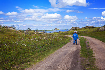 Image showing boy walking country road