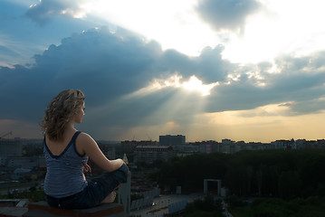 Image showing Girl meditating at sunbeam