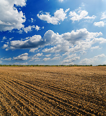 Image showing black ploughed field under deep blue sky with clouds