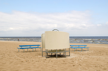 Image showing blue wooden bench change cabin sea beach people 