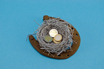 Image showing retro rusty horseshoe silver bird nest euro coin 